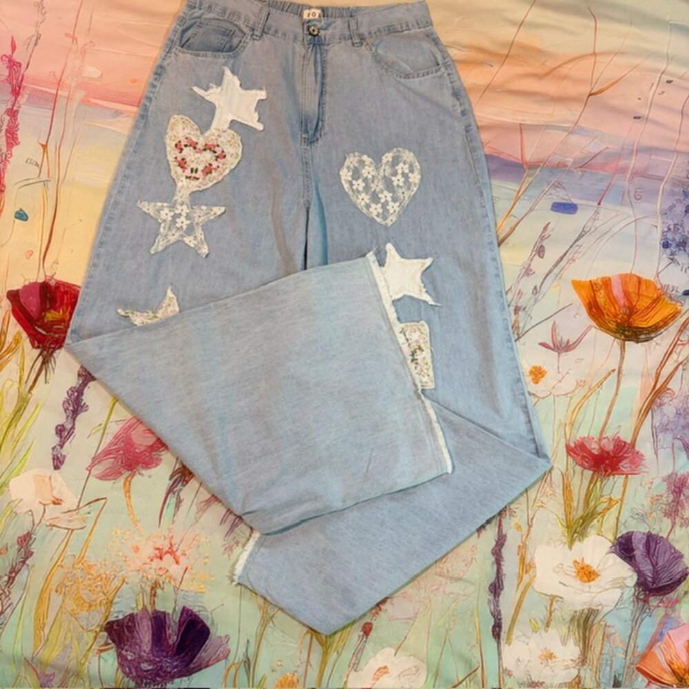 🆕Pol Star Heart Lace Patchwork Blue Denim Wide Leg Pants Size Medium - Picture 6 of 12